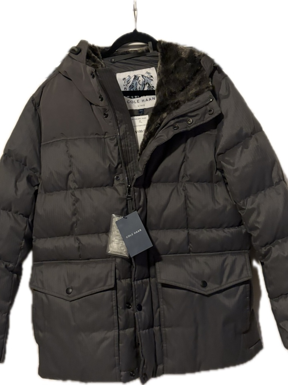 Cole Haan Men's Dark Gray Quilted Puffer Jacket with Faux Fur Trim